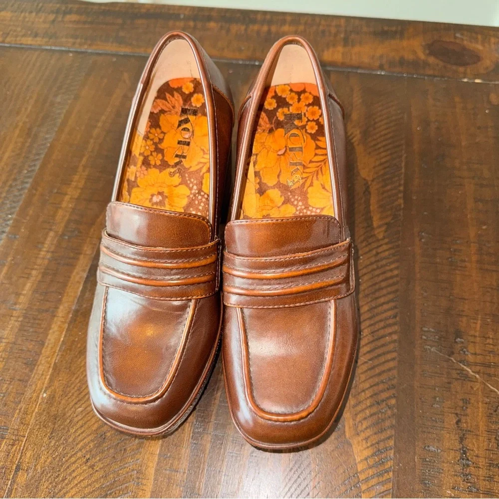 Korks Regina Brown Leather Platform Loafer Heel size 6 Never Worn - Picture 9 of 12